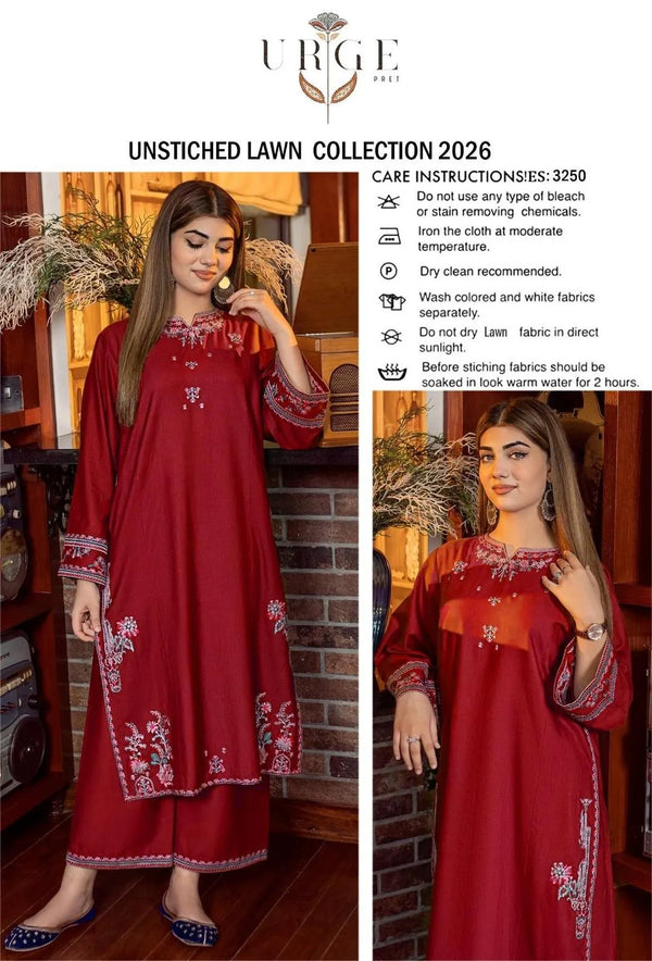 2-Piece Maroon Embroidered Lawn Suit