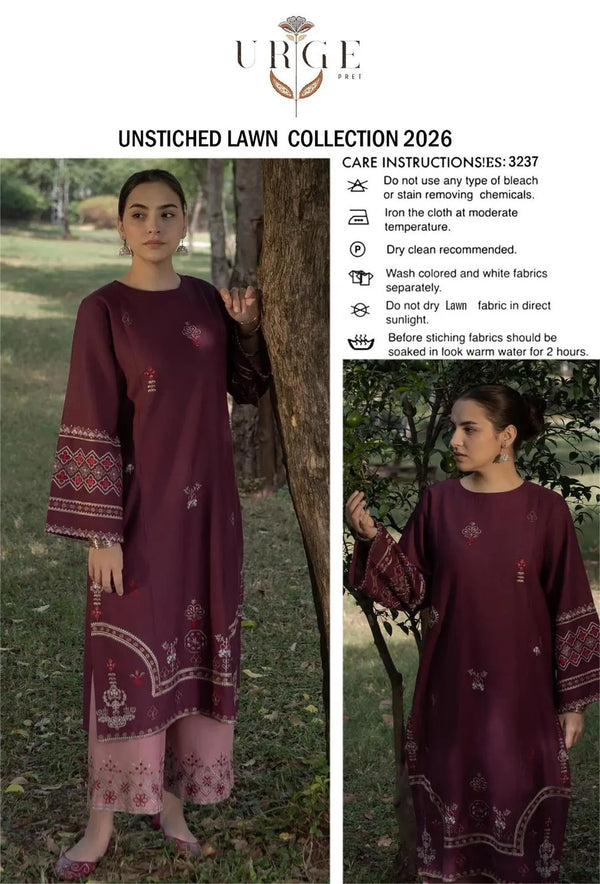 2-Piece Maroon Embroidered Lawn Suit – Elegant Festive Wear