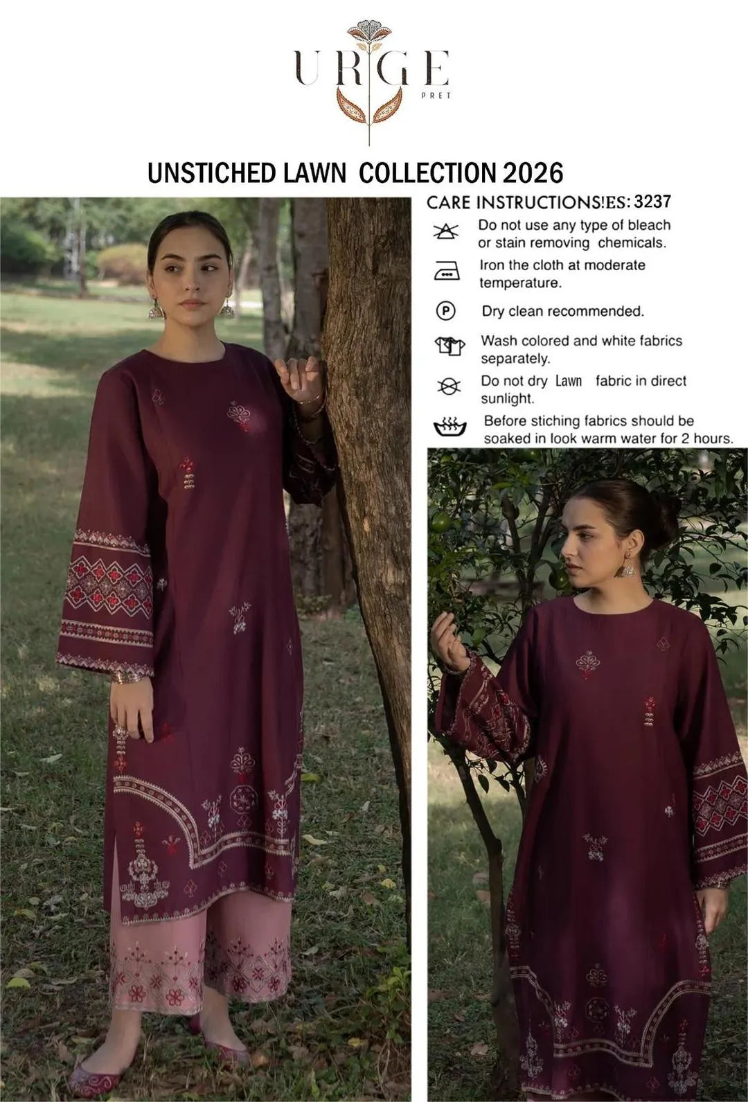 2-Piece Maroon Embroidered Lawn Suit – Elegant Festive Wear