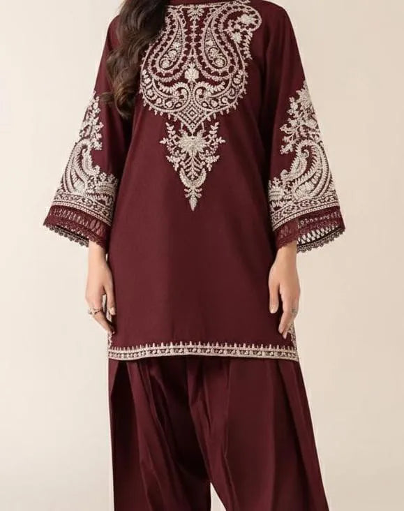2-Piece Maroon Embroidered Lawn Suit – Elegant Festive Wear