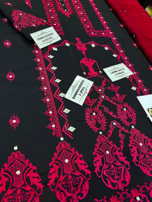 3-Piece Black Embroidered Lawn & Bamber Suit – Elegant Eid Special