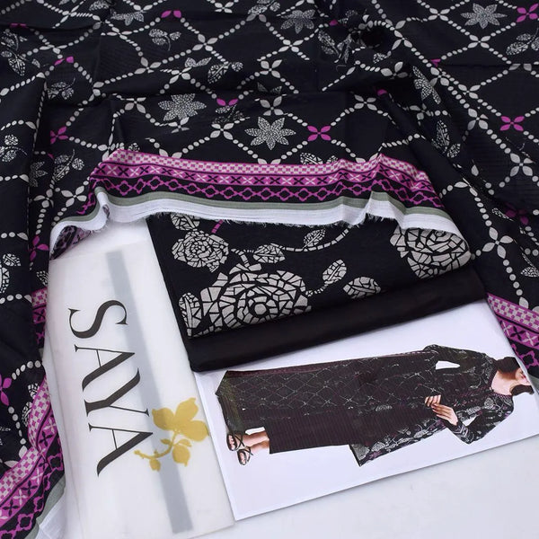3-Piece Black Printed Lawn Suit – Festive Elegance