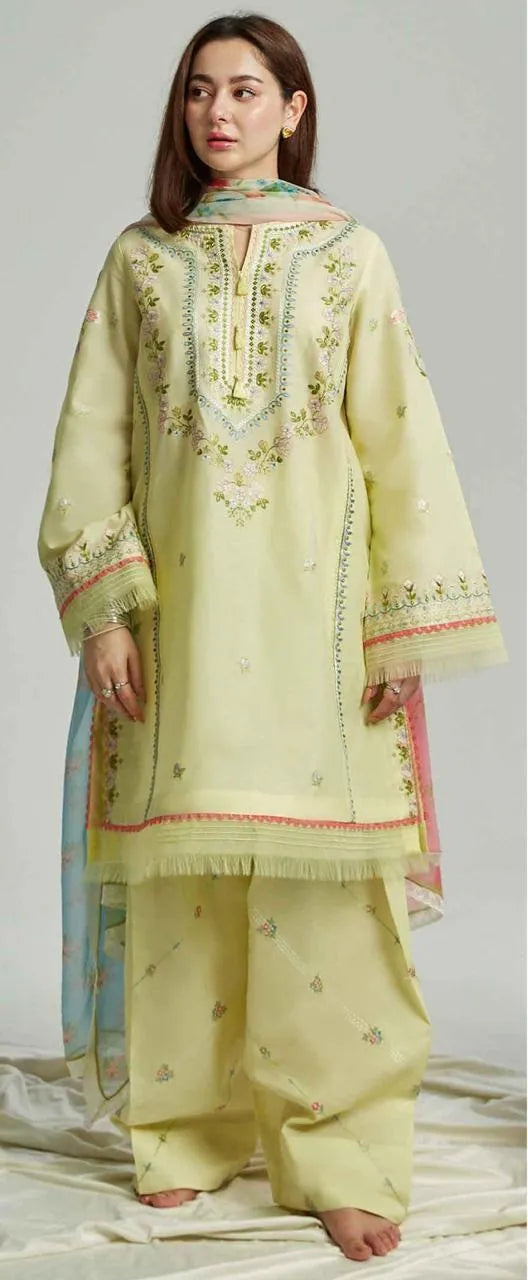 Golden Glow – 3-Piece Embroidered Lawn Suit with Printed Dupatta | Yellow